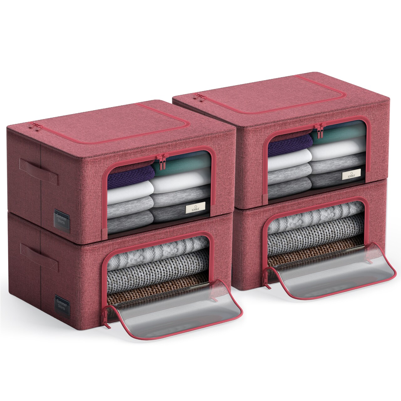 Sorbus 4 Pack Clothing Storage Bins with Windows, Handles, and Metal Frame